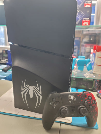 PS5 Slim Blu-Ray Edition Spider-Man Console with Spider-Man controller.
