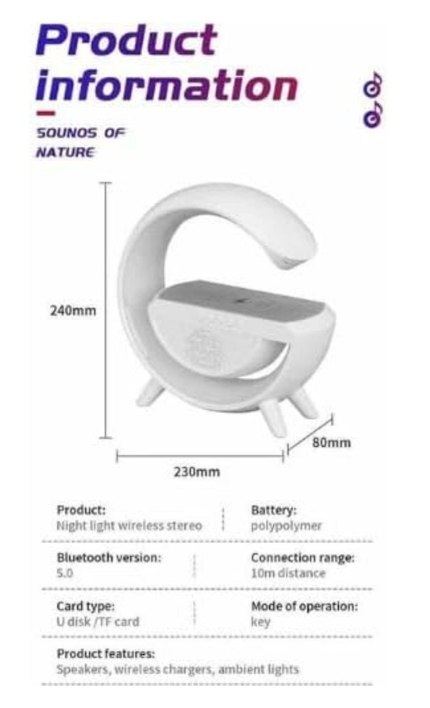 Bluetooth G Speaker with Wireless Charging, Smart Night Light, Alarm Clock, RGB