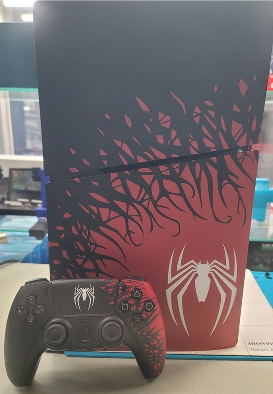 PS5 Slim Blu-Ray Edition Spider-Man Console with Spider-Man controller.